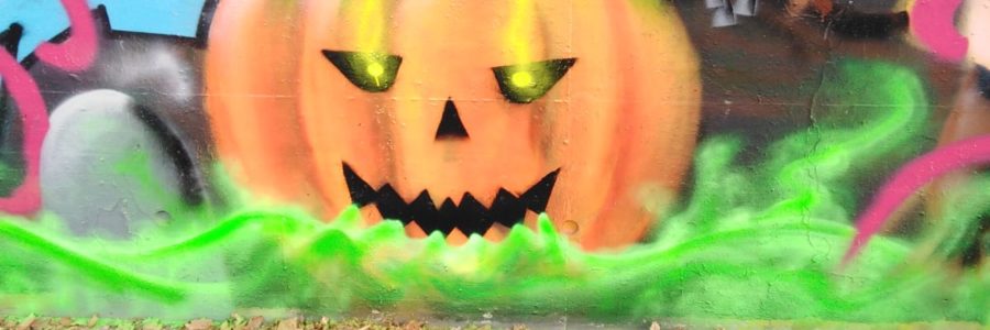 Halloween, Graffiti, Kürbis in giftig grünem Nebel