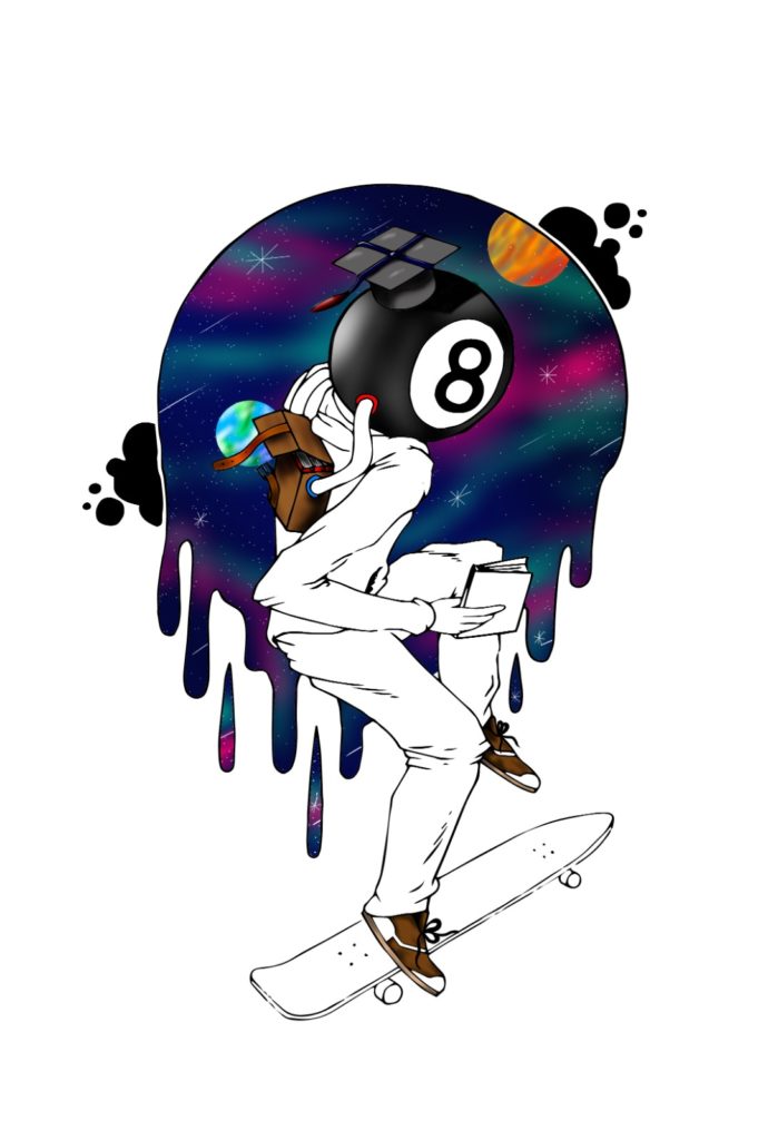 das Maskottchen der Bildhauer, ein Skater, Design teilweise coloriert