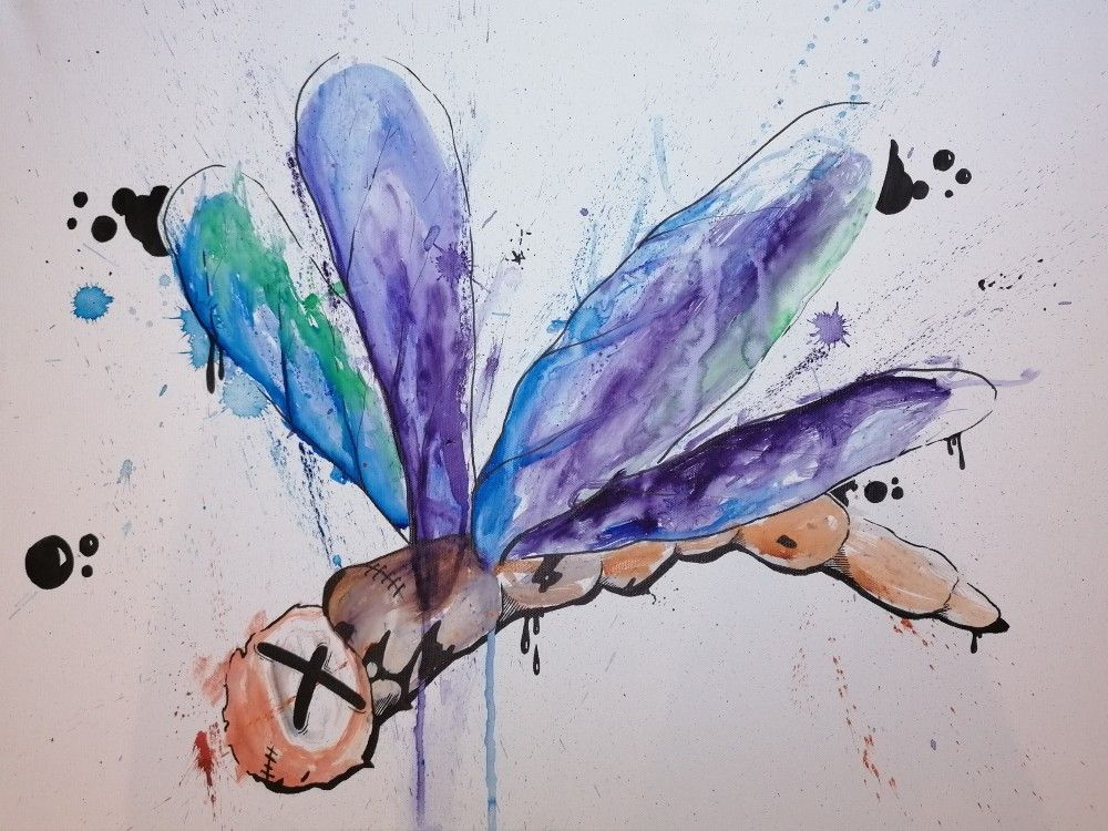 Aquarell The Dragonfly, Libelle in lila, blau und grün, tote Augen, Hinweis auf das Insektensterben
