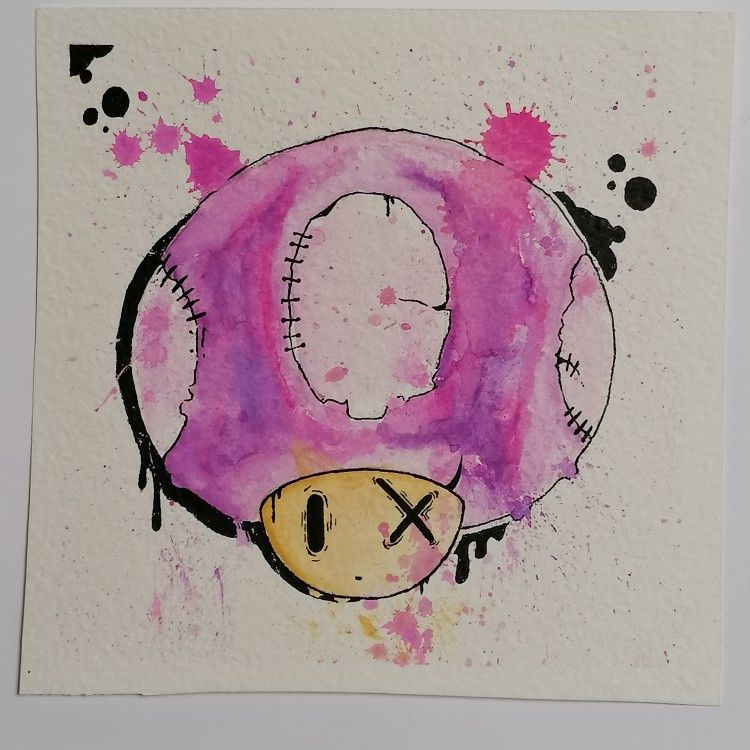 Aquarell Pilz in rosalila und gelb